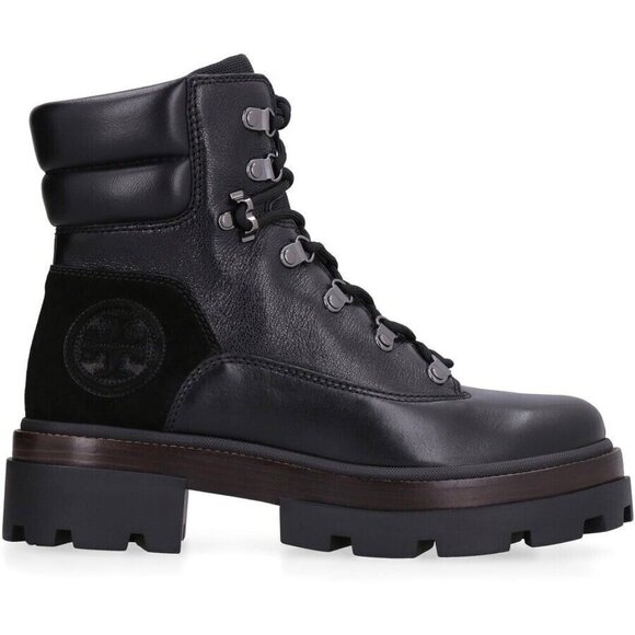 Tory Burch Shoes - Tory Burch Miller Black Leather Suede Logo Lug Hiker Moto Ankle Boots